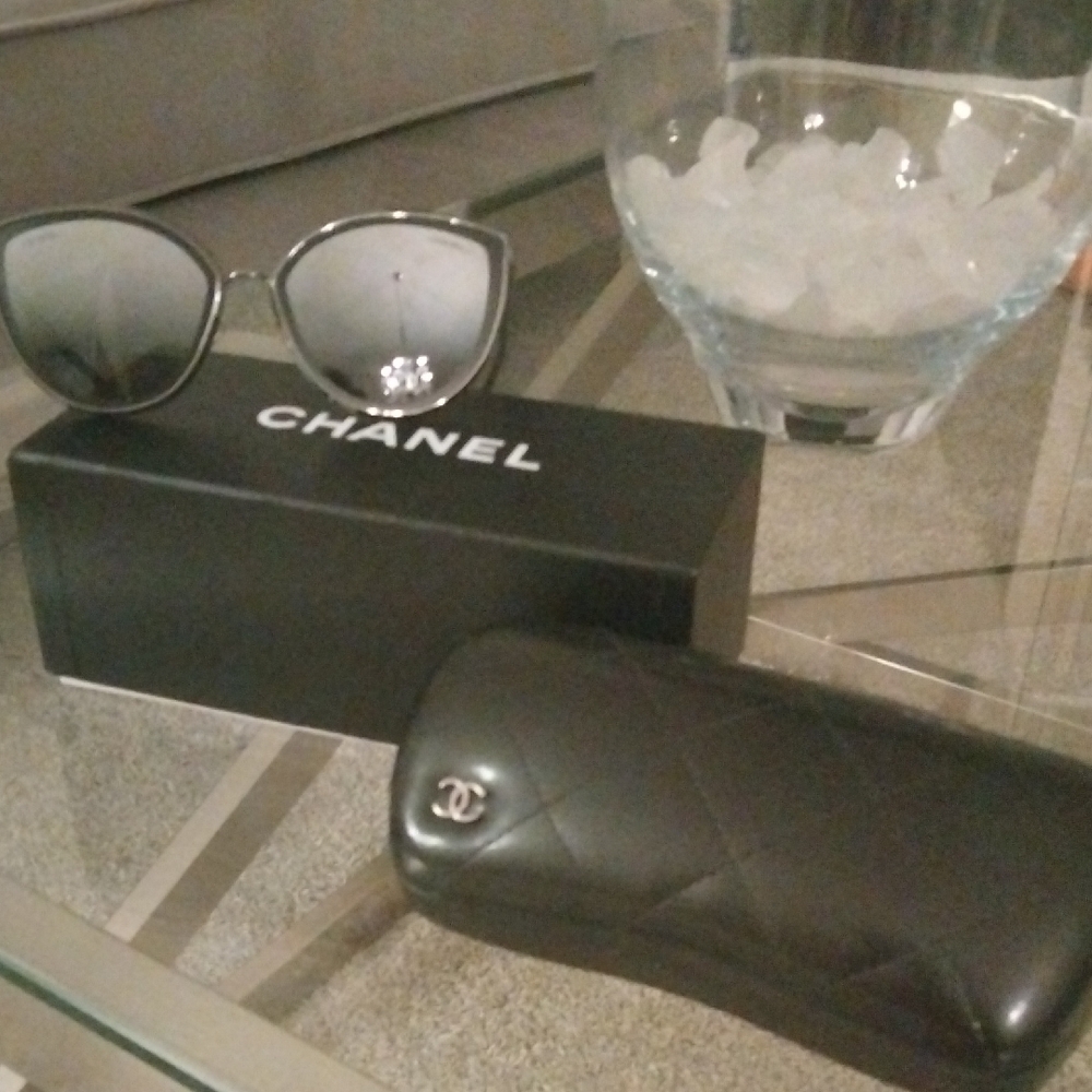 CHANEL Silver and Black Sunglasses with Quilted Case
